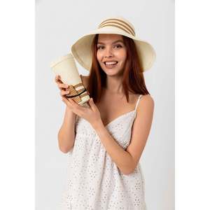 Beige Sun Protection Hat with Open Top Stripe Detail, Foldable <b>Straw</b> <b>Visor</b> Hat HSR2079 - Beige4 - Product Image 4