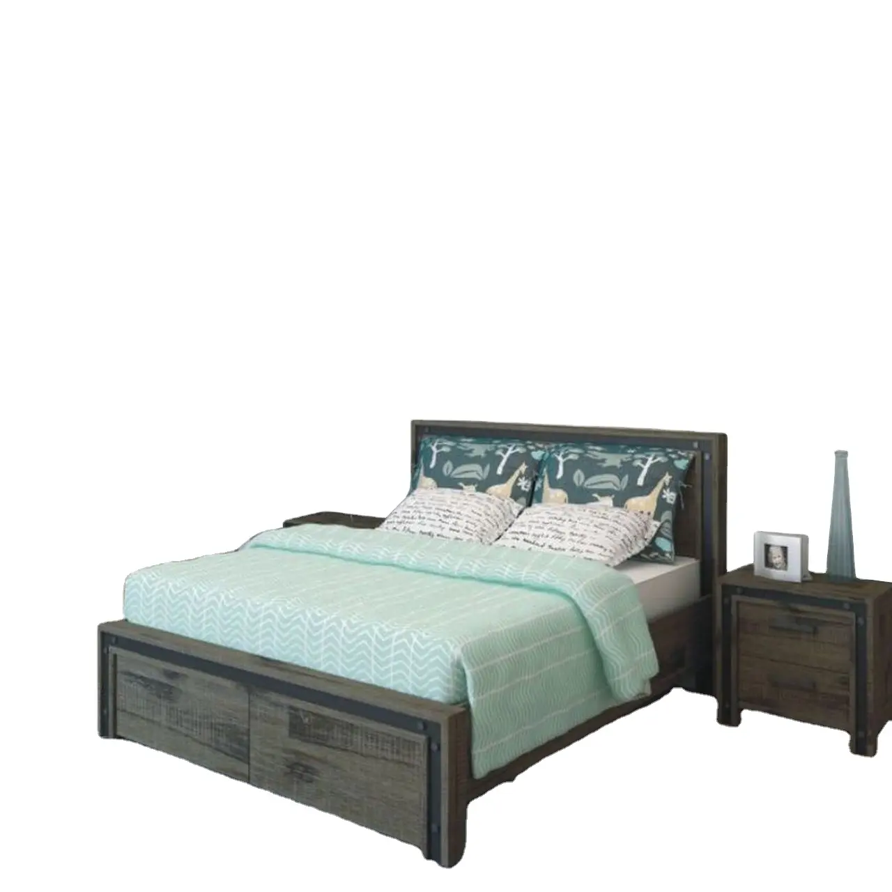 Ensemble de cadre de lit en bois, meubles de chambre à coucher en métal finition brossée, style industriel, taille King, nouveau modèle