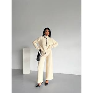 Mybeefashion Women's Black Shawl Collar Knitwear Two-Piece <b>Set</b> - Elegant Wool Blend Acrylic <b>Sweater</b> and Trousers Outfit - Product Image 5
