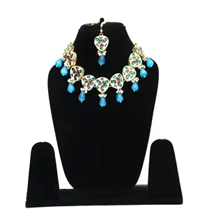 Gold-Plated Blue Tumble <b>Studded</b> Polki Kundan Choker Necklace Set with Monalisa Stone Fashion Jewelry Sets - Product Image 3