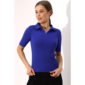 Blusa de punto con cuello Polo para mujer, camiseta de manga corta elástica elegante y cómoda de verano transpirable, servicio OEM personalizado - Product Image 1