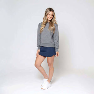 Women Gray Crewneck Sweatshirt with Navy Mini <b>Skirt</b> Casual Two Piece Outfit for Daily Wear - Product Image 1