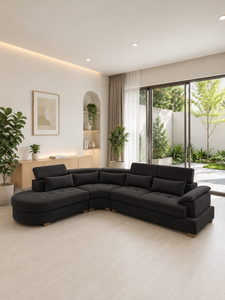 Sofá Seccional Negro en Forma de L, Modelo Montecarlo, Tapizado, con Chaise Longue Convertible en Cama, para Sala de Estar, Hotel u Oficina - Product Image 3