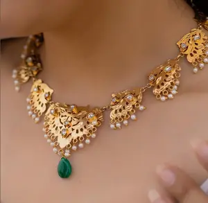 シルバージャダウブーンネックレス、美しいテンプルネックレスセット/インド/ゴールドメッキファッションジュエリー/デザイナーパールネックレス