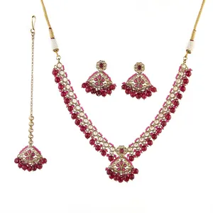 Antique Mehndi Plated Delicate Ruby Reverse Ad Stone Necklace Set 214042 Wholesalers in India