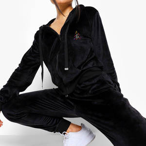 Cotton Hot Sale <b>Women</b> Slim Fit Black Color <b>Velour</b> <b>Tracksuit</b> Ladies 2 Pcs Set Velvet Suits Sports <b>Tracksuit</b> Outfit Sets for Girls - Product Image 4