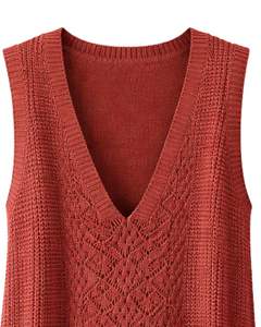 Rust Red Womens Knitted Sleeveless Sweater <b>Vest</b> With Lace Pattern Front Pockets Casual Winter Layering OEM Factory - Product Image 5