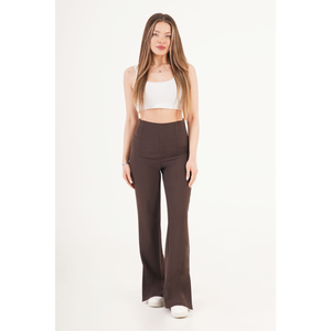 Pantalones Acampanados con Abertura Lateral Color Marrón para Mujer LUSTRIN - Elegantes Pantalones de Mezcla de Viscosa al por Mayor para Oficina y Uso Casual - Product Image 3