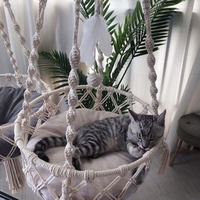 Cama Suspensa Moderna de Macramê em Corda de Algodão Artesanal para Gatos e Cães com Cesto de Borlas