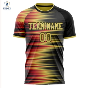 เสื้อฟุตบอลผู้ชาย INDEX APPAREL แบบซับลิเมชั่น คอกลม แขนสั้น สีเหลือง แดง ดำ ไล่เฉดสี ระบายเหงื่อได้ดี ทรงแอธเลติก - Product Image 1