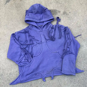 Nouveaux sweats à capuche en molleton français de haute qualité, lourds, broderie, patchs usés, lavage à l'acide, sweats à capuche personnalisés unisexes pour hommes - Product Image 5