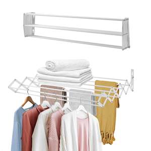Séchoir à linge mural extensible Manemi en acier blanc, 60 cm, double niveau, pliable, intérieur/extérieur, design minimaliste pour vêtements - Product Image 1