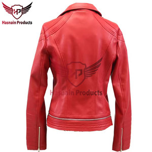 Womens Real Red Leather <b>Biker</b> Jacket Asymmetric Zip Ribbed Panels Sheepskin Coat Lapel Zipper Pockets Custom Fit Outwear New - Product Image 2