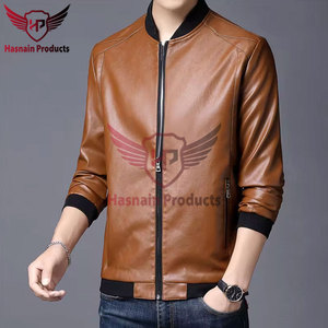 <b>Mens</b> Real Tan <b>Leather</b> Bomber <b>Jacket</b> Black Rib Collar Zip Side Pockets Sheepskin Camel Flight Coat Custom Brown Winter Outerwear - Product Image 3