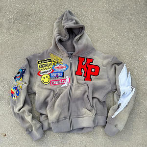 Haute qualité personnalisé hommes sweat à capuche zippé coton éponge française Applique brodé Patch lavage à l'acide en détresse sweat zippé - Product Image 2