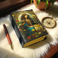 Livre des Ombres à Couverture Rigide Style Grimoire Antique avec Illustration Lion et Femme, Journal de Sorcière Vintage, Livre Pagan avec Art de Jardin Enchanté