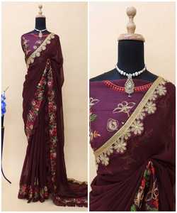 Saree en soie avec chemisier Surat de créateur Matériel Sari indien Bollywood avec chemisier Grossiste Vêtement Saree de couleur noire - Product Image 4