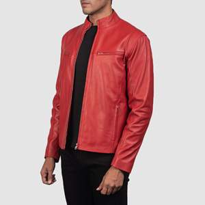 Chaqueta de motorista roja icónica para hombre, piel de oveja auténtica, anilina con cremallera y forro de viscosa acolchado, bolsillos interiores y exteriores, Invierno - Product Image 3