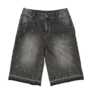 Verano 100% algodón personalizado hombres pantalones cortos de mezclilla Streetwear suelta holgada Vintage lavado Rhinestone Denim Jorts pantalones cortos para hombres - Product Image 6