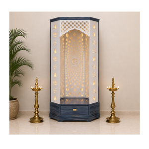 Premium Traditional Wooden <b>Corner</b> Pooja Mandir OM Design Modern Hindu Home Temple <b>Cabinet</b> Solid Teak Wood Prayer Custom Size - Product Image 1