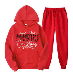 Survêtement à capuche imprimé Joyeux Noël pour femme, manches longues, décontracté, hiver, beige, coton, coupe classique - Product Image 6