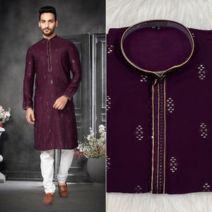 رداء احتفالي تقليدي للرجال رداء كُرتا للعمل من Rayon Chikan مع طقم بيجامة قطنية طقم كُرتا للزفاف للتصدير مع بيجامة - Product Image 2