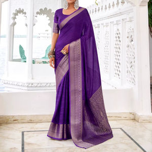 Sari Tradicional Ligero de Chinon con Estampado Propio y Trabajo de Tejido Zari para Fiestas y Todos los Eventos - Product Image 1