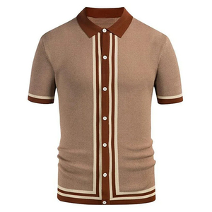 2024 nuevo verano hombres moda pulóver Tops Jersey manga corta Camiseta con solapa rayas estampado botón para Polo diseño liso - Product Image 2