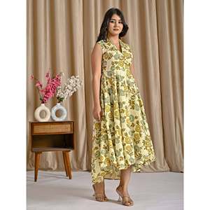 Vestido informal de algodón estampado color crema mostaza, transpirable, con cintura natural, diseño personalizado para el día a día, ideal para el verano. - Product Image 6