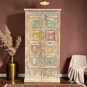 Multicolour Floral Panel Carved Bedroom Furniture Rustic Luxury Freestanding <b>Portable</b> <b>Wardrobe</b> Made Teak Folding for Apartment - Product Image 2