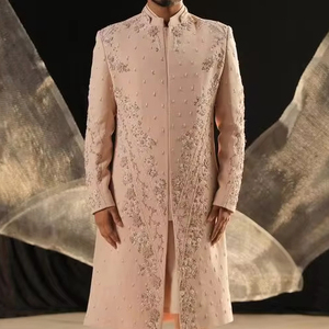 NEW STUNNING EMBROIDERY on LIGHT PEACH SHERWANI & <b>PANT</b> WITH MATCHING SHOE WITH EMBELLISHED CRYSTAL GLASS BEADS,DABKA WORK@2024 - Product Image 1