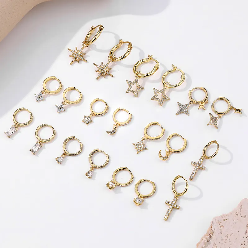 high quality fashion pendant earrings Baguette Cross Star luxury 925 Silver Gold Plated cubic zircon Dangle Earrings Hoop