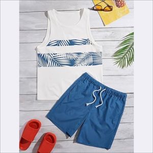 Ensemble deux pièces d'été unisexe avec imprimé personnalisé T-shirt sans manches et short en coton tricoté respirant pour hommes et femmes - Product Image 1