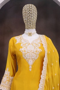 Chinon seda corte recto Kurta Palazzo conjunto con bordado trabajo indio y pakistaní Salwar Kameez ropa para fiesta - Product Image 2