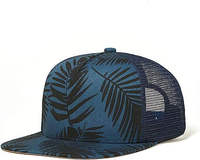 Gorra Trucker de Malla con Estampado de Hojas Tropicales, Unisex, Ajustable, Estilo Casual de Verano, Diseño de 6 Paneles, Color Azul