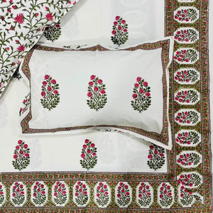 Drap de lit 100% coton Jaipuri fabriqué à la main avec taie d'oreiller ensemble main bloc imprimé drap de lit en coton doux avec motif de bordure - Product Image 1