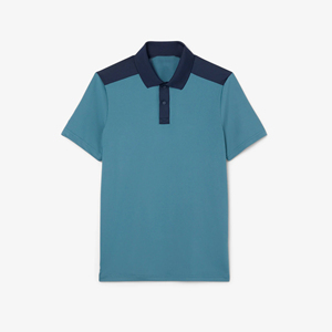 Men's Solid Color Knitted <b>Polo</b> <b>Shirt</b> Short Sleeve Breathable Casual Style <b>Blue</b> with Navy Collar and Shoulder Panels - Product Image 5