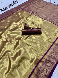 Tessuto di pura seta pesante sari tessitura originale in oro con lavoro di tessitura pesante camicetta da corsa bel colore