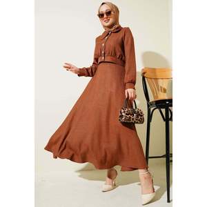 Ensemble Veste Courte Boutonnée et Jupe 2 Pièces Marron - Product Image 3