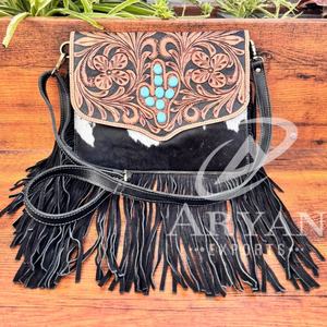 Bolso cruzado con flecos de piedra turquesa de Cactus de cuero con pelo hecho a mano para mujer - Product Image 1