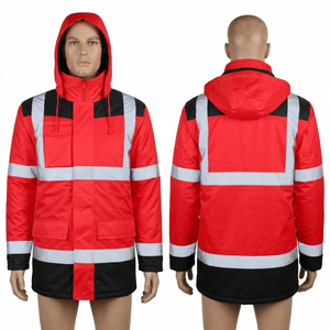 Veste de sécurité réfléchissante en polyester et coton pour homme, rouge et noir, à capuche, avec logo brodé personnalisé, uniforme de travail - Product Image 1