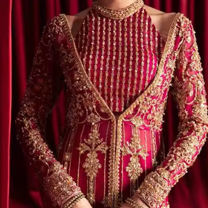 2024 concepteur lourd broderie soie mariée Blouse veste Lehenga cristal perles de verre Dabka travail dessiné à la main ensemble de mariage - Product Image 1