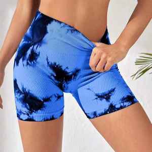 Women's <b>Tie</b>-<b>Dye</b> Seamless Knit Yoga Shorts High Waisted Hip Lift Running Exercise Fitness Shorts - Product Image 4