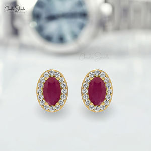Pendientes de Oro Sólido de 14k con Diamantes y Rubíes Ovalados de 5x3mm, Joyería de Piedra Natal de Julio para Novias - Product Image 1