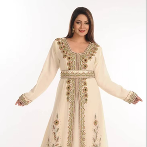 Crema Zari trabajo Georgette estilo islámico fiesta usar piedras y cuentas incrustadas caftán árabe - Product Image 1