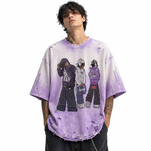 Camiseta Oversize de Hombre con Estampado Tie-Dye, Manga Corta, Cuello Redondo, Diseño de Personajes, Estilo Urbano, Algodón Morado, Ajuste Regular, Largo Estándar - Product Image 4