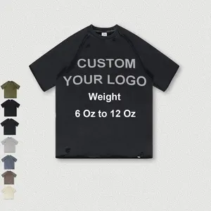 Factory OEM Custom Logo Vintage Wash T Shirt with Raglan Sleeve 10 Ounces Heavy Weight Raw Edge Distressed Tee Shirt