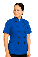 Veste de chef à manches courtes pour femme, coupe ajustée, uniforme culinaire professionnel, poly coton, couleurs personnalisées OEM, sur mesure pour restaurant et bar