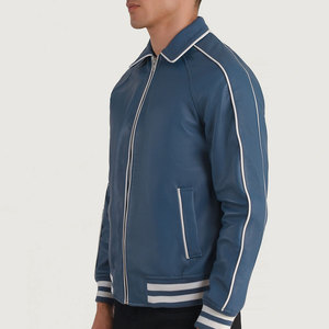NIMBORO SPORTSWEAR <b>Men's</b> Blue Genuine <b>Leather</b> Bomber <b>Jacket</b> Mandarin Collar Zip Front Casual Regular Fit Solid Color White Trim - Product Image 2
