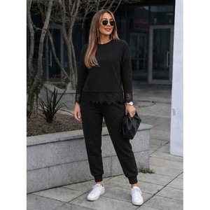 Ensemble deux pièces pour femme, chemisier à manches longues, col rond, dentelle, viscose, deux fils, et pantalon, 37343 - Noir - Product Image 2
